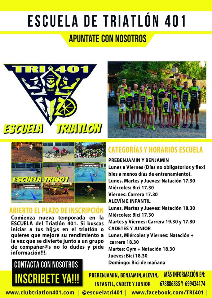 Abierto el plazo de inscripción de la «ESCUELA DE TRIATLÓN 401» Y CLUB TRIATLÓN 401